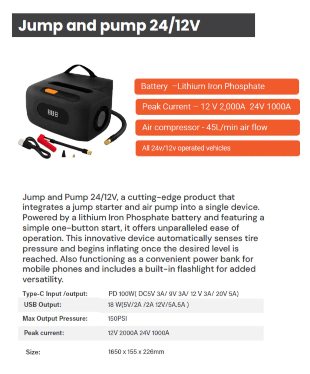 Jump and Pump 12V/24V car and truck jump starter with air compressor