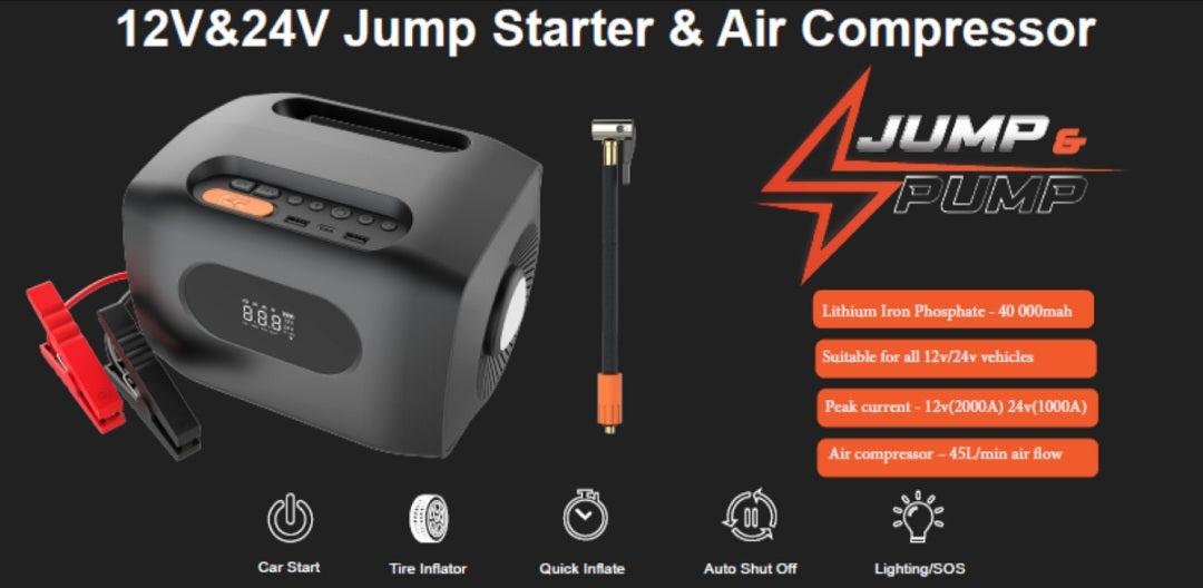Jump and Pump 12V/24V car and truck jump starter with air compressor